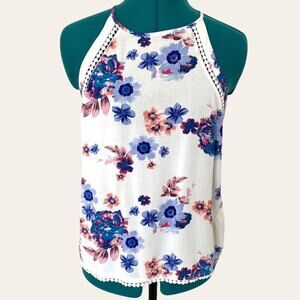 Floral Sleeveless Blouse Womens Small Pom Trim
